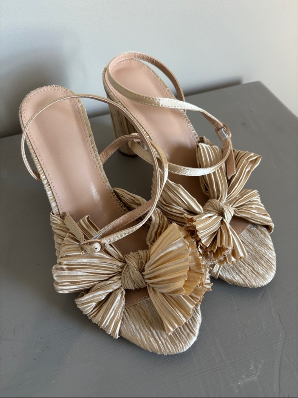 Gold Bow Strap Block Heel Sandals - Women